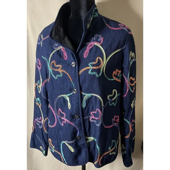 Koret Chambray Button Jacket Multi Color Ribbon Design Fleece Lining Size Medium - Picture 1 of 7